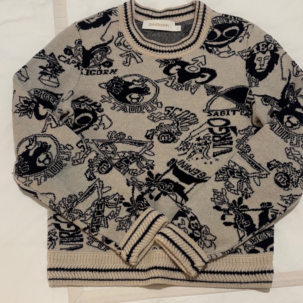 Zimmermann Beige and Black Zodiac Intarsia Crewneck Sweater